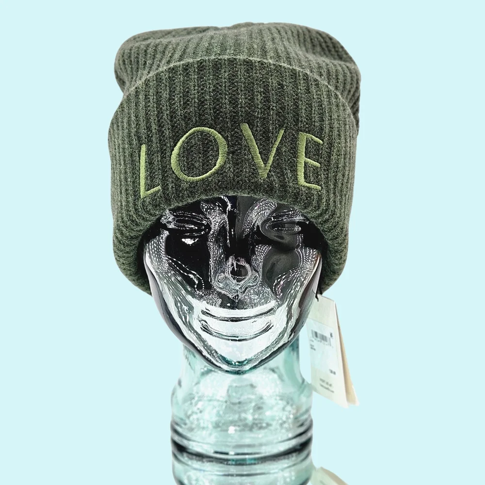 LITA by Ciara Hat Beanie Olive 100% Recycled Cashmere Love Embroidered Cottage